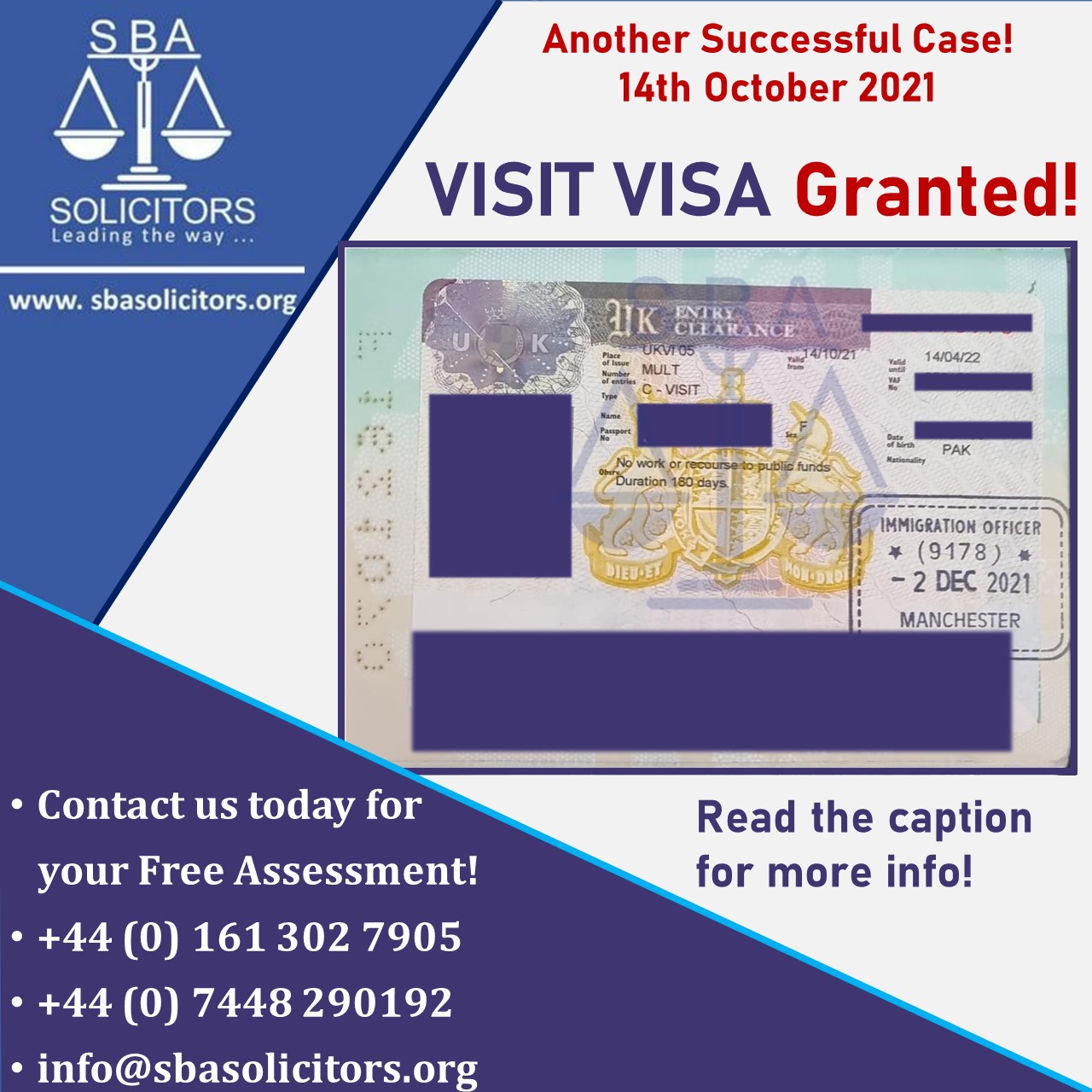 ‏💯Another Successful case! The client entered the UK on 2nd December!  🔴We applied for our client's visit visa from Pakistan, even with the Covid situation! 🟢Our client entered the UK on 2nd December to visit her son and his family! 💯This was her first visit to the UK!  🔴She was refused a visit visa before she came to SBA Solicitors, However, we made it possible for her to visit her son!  💯Here is what we did: - Consulted the client - Advised on the necessary document for visit visa - Advised on the financial requirements - Prepared their file - Filled their online application - Scanned and Uploaded all her documents - Booked her appointment - Chased the Home Office for the decision  💯She received her visa on 14th October and entered the UK on 2nd December!  🟢She can stay for 6 months and can enter the UK multiple times!  🔴Do you want to visit your family in the UK? Do you want to call someone to the UK for a visit? Just give us a call and we will get it sorted for you!  ☎️Contact us today for your free assessment!  +44 (0)161 302 7905 +44 (0) 7448 290192 ‏Info@sbasolicitos.org ‏Www.sbasolicitors.org