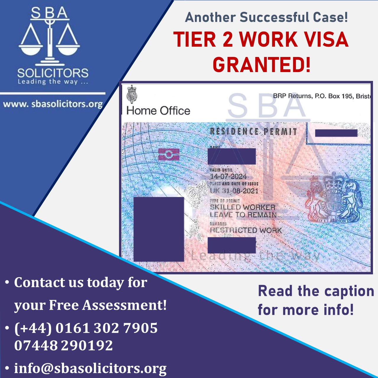 🟢TIER 2 WORK VISA GRANTED🟢

Our client has been granted a work visa for 3 years. She will get #settlement 5 years from now!

The client was on a #student_visa, we turned it into a #work_visa!

💯Here is what we did

1-Advising the client on her application
2- Providing Specific SOC Code for the client based on her qualifications and experiences
3- Providing a detailed list of documents
4- Advising on the financials
5- Drafting the relevant cover letters
6- Filling her application form
7- Uploading and Scanning her files
8- Booking her appointment

We are more than happy that our client got her visa in no time!
We can’t wait to help her in the rest of her journey!

⚖️SBA Solicitors will help you in every step of your journey!

Contact us today for your free consultation!
+44 (0) 161 302 7905
+44 (0) 7448 290192
Info@sbasolicitors.org