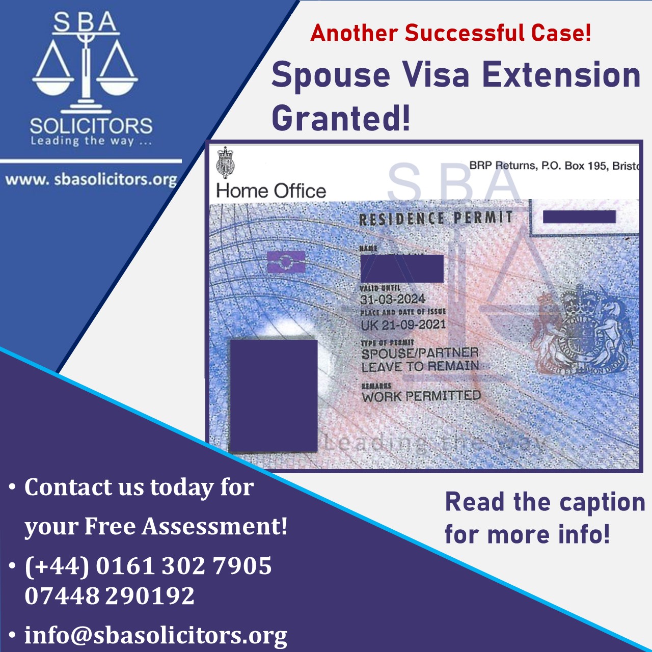 🔴First extension for spouse visa!

💯Here is what we did:
We advised the client on the criteria , provided a detailed list of documents specific for his case, drafted a specific cover letter, filled the online application, booked a free appointment, uploaded and scanned the documents for free and chased the courier service for the BRP after submission.

We are more than happy that our client got his extension in no time! We can’t wait to help him in the test of his journey!

⚖️SBA Solicitors will help you in every step of your journey!

Contact us today for your free consultation!
+44 (0) 161 302 7905
+44 (0) 7448 290192
Info@sbasolicitors.org